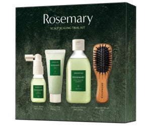 Kit découverte de soin exfoliant du cuir chevelu au romarin – avec mini brosse à cheveux en bois – 1 coffret de 4 produits
